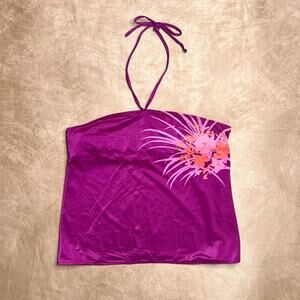 Vintage Y2K Floral Hibiscus Halter Beach Swim Top Magenta Tropical Vacation Surf